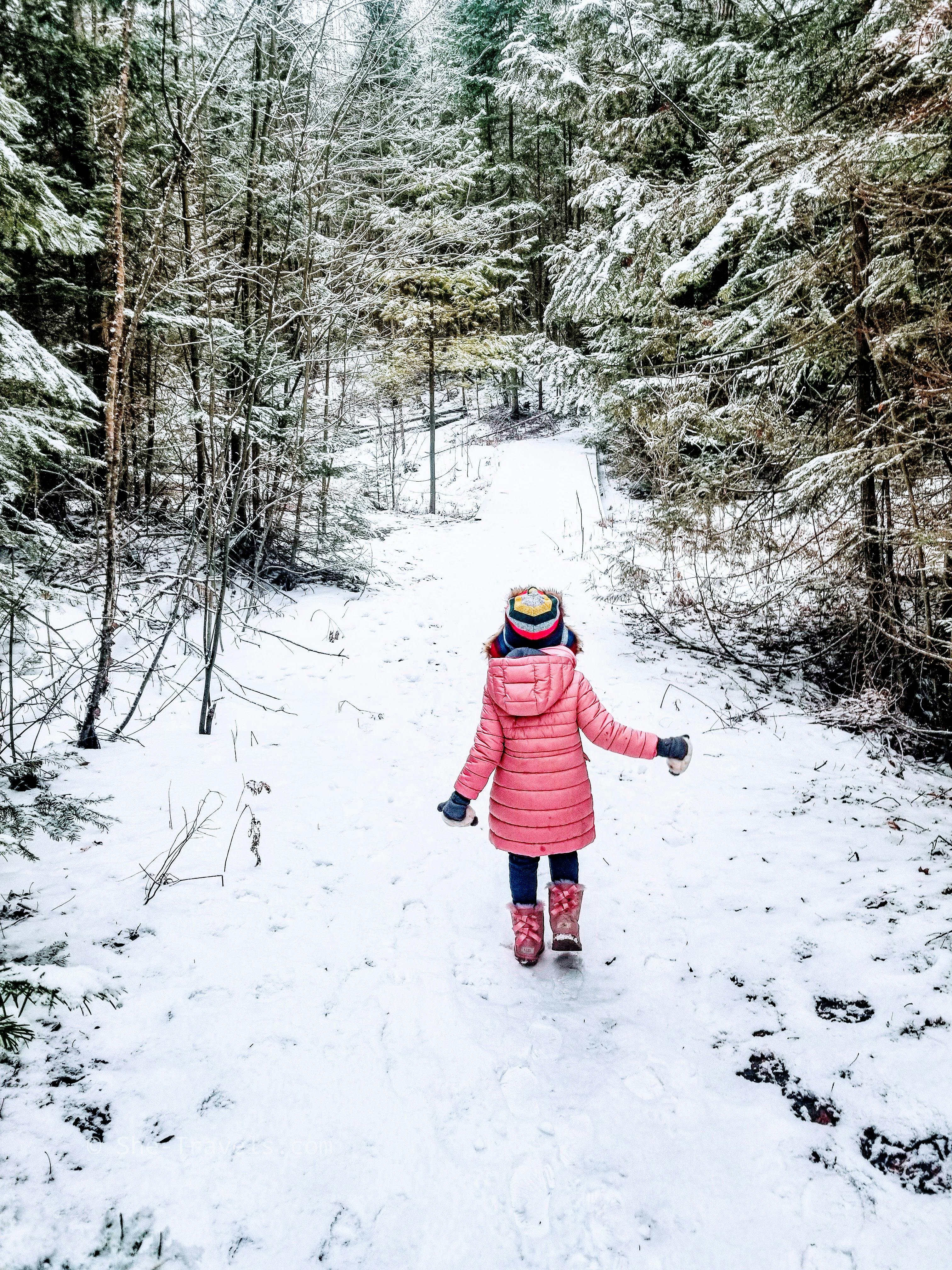 A child in pink coat walks through a snowy forest path, surrounded by winter trees.