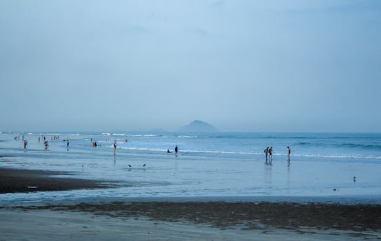 A peaceful beach scene with people enjoying the sea, sand, and distant island view.