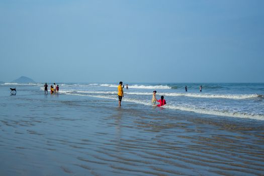 Group of people and dog enjoying a sunny day at the beach with gentle waves and clear blue skies.