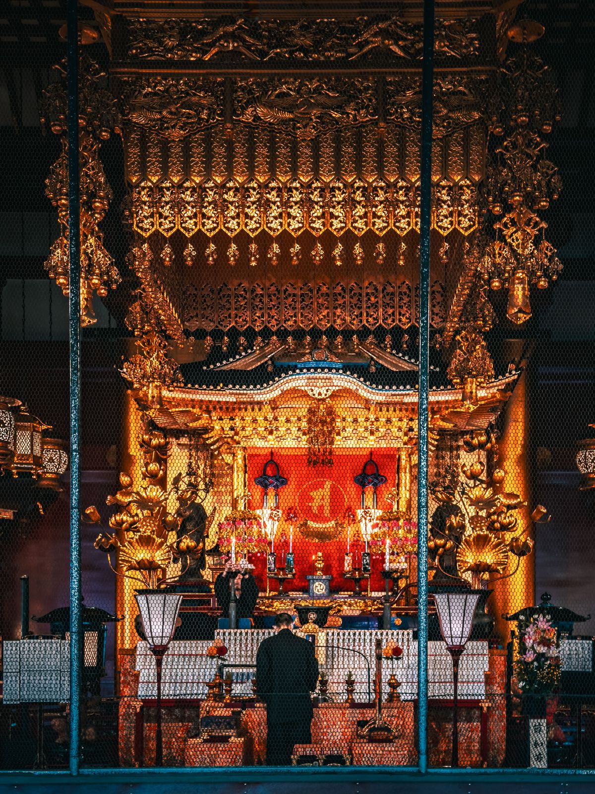 Vibrant golden altar inside a Japanese Buddhist temple, evoking the gilded Konjikido Golden Hall of Chuson-ji in Hiraizumi