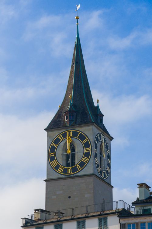 Free St. Peter Church clock tower in Zurich, featuring Europe’s largest clock face. Stock Photo