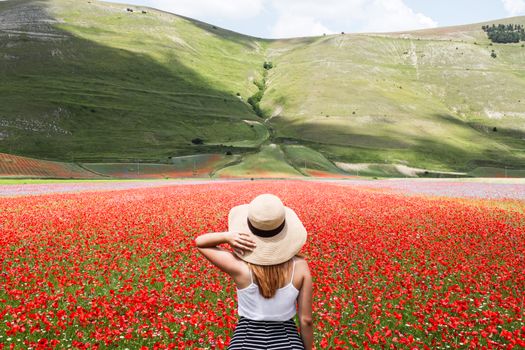 A woman in a hat stands in a vibrant poppy field, enjoying a picturesque summer landscape.
