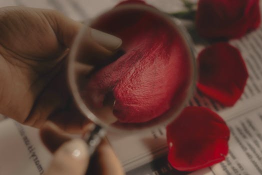 Detailed view of a rose petal magnified with a lens, highlighting texture.