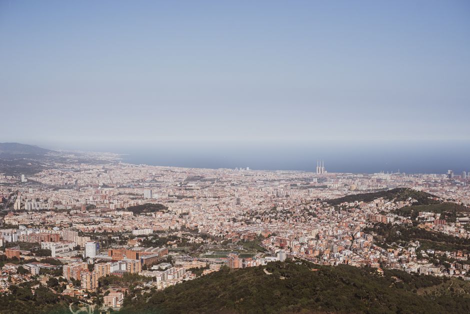aerial view of Barcelona coastline and Eixample grid architecture aerial view of Barcelona coastline and Eixample grid architecture