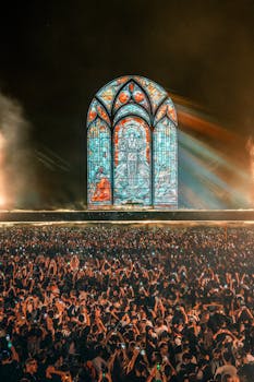 Vibrant concert scene featuring a huge crowd under an illuminated stained glass backdrop at night.