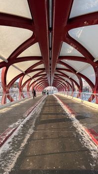 Snowy day on Calgary's Peace Bridge with people crossing. Iconic architecture captured beautifully.