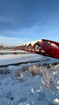 Snowy landscape with the iconic red Peace Bridge in Calgary during winter.