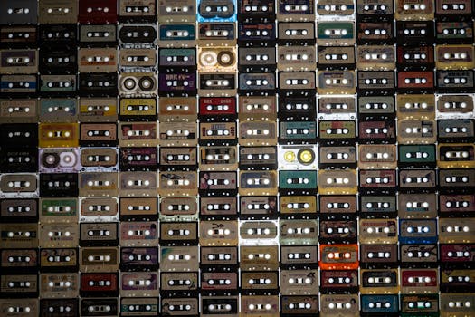 A nostalgic wall display featuring a diverse collection of vintage cassette tapes in various colors.