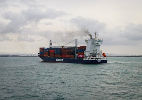 Commercial cargo ship transporting goods across Icelandic waters under a cloudy sky.