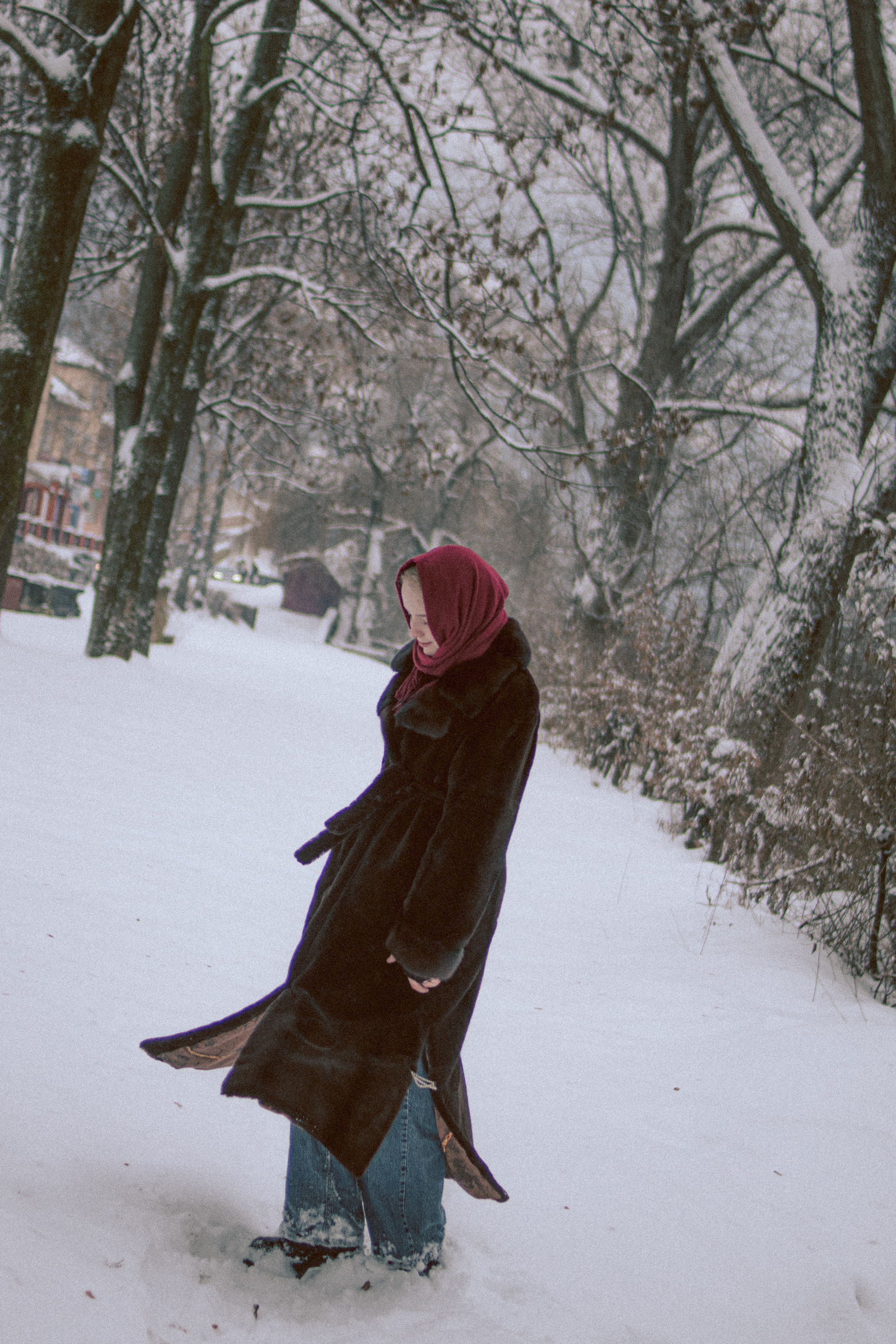 Woman Walking in Snowy Winter Park Landscape · Free Stock Photo
