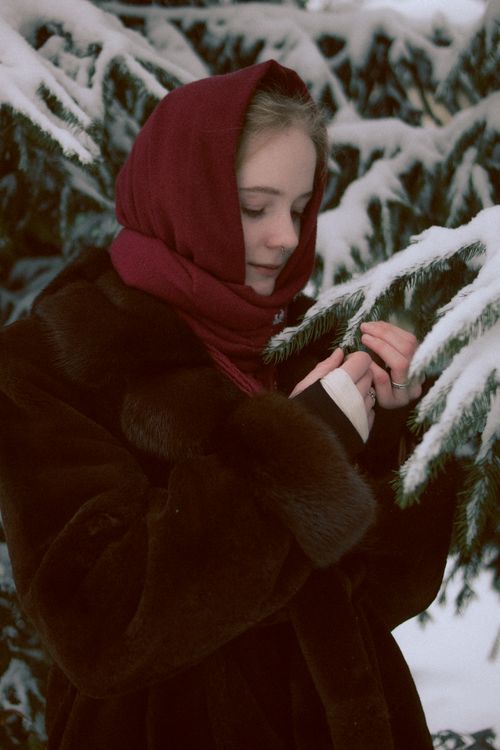 Free A woman in winter attire and red scarf touching snow-covered branches. Stock Photo