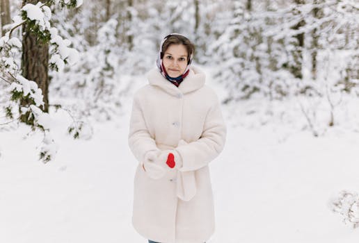 A woman dressed warmly in a white coat stands in a snowy forest in Belarus, embodying winter serenity.