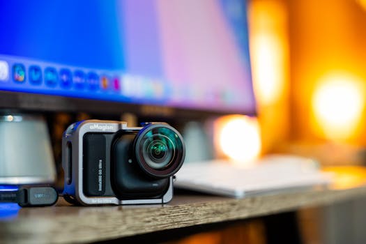 Close-up of an action camera placed on a desk next to a computer screen in a cozy indoor setting.