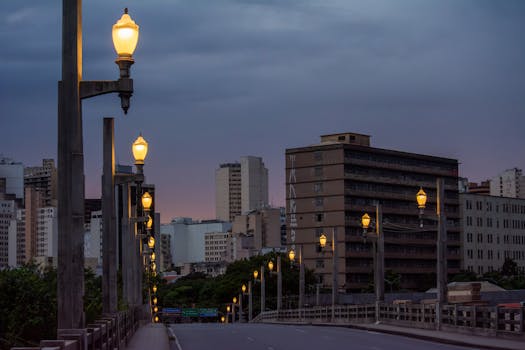 Street lamps illuminate a cityscape of Belo Horizonte, Brasil during twilight with a serene urban ambiance.