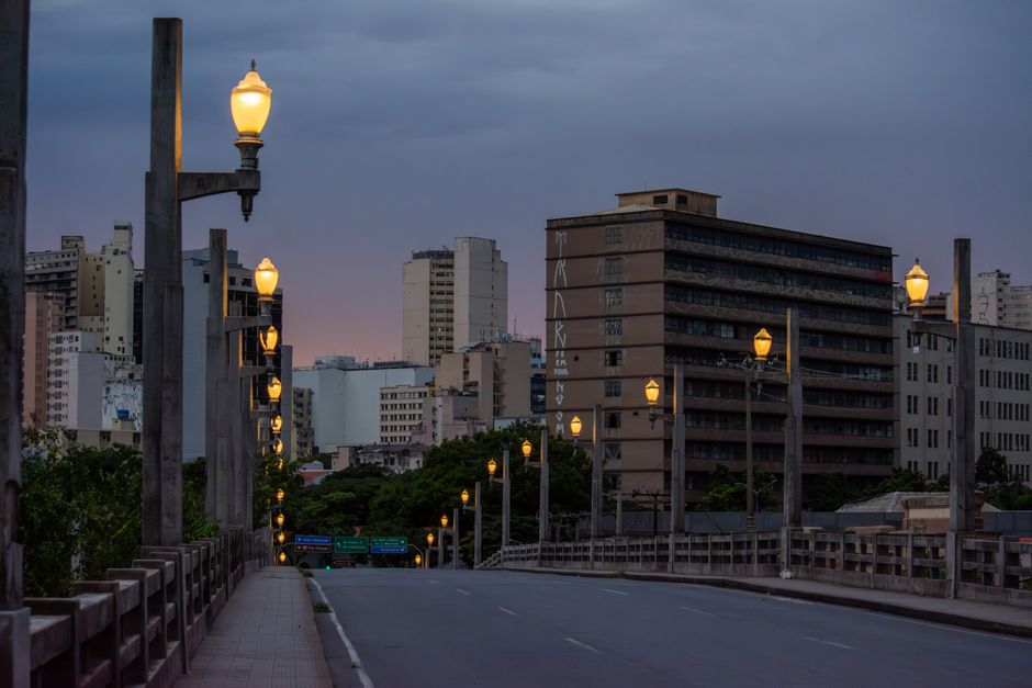 Evening view of city street and skyline in Belo Horizonte, Brazil.