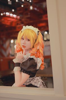 Portrait of a cosplayer in vibrant attire striking a playful pose indoors.