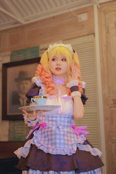 Cosplay character dressed as a maid serving tea indoors, showcasing vibrant and detailed costume art.