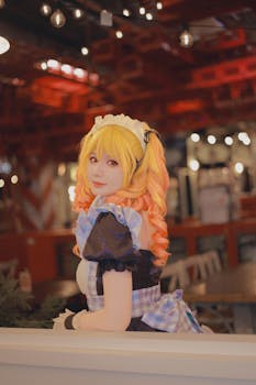 Colorful cosplay portrait with vibrant lighting, showcasing detailed costume and playful ambiance.