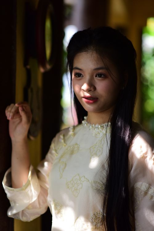 Free Portrait of a young woman wearing traditional Vietnamese clothing in soft natural lighting. Stock Photo