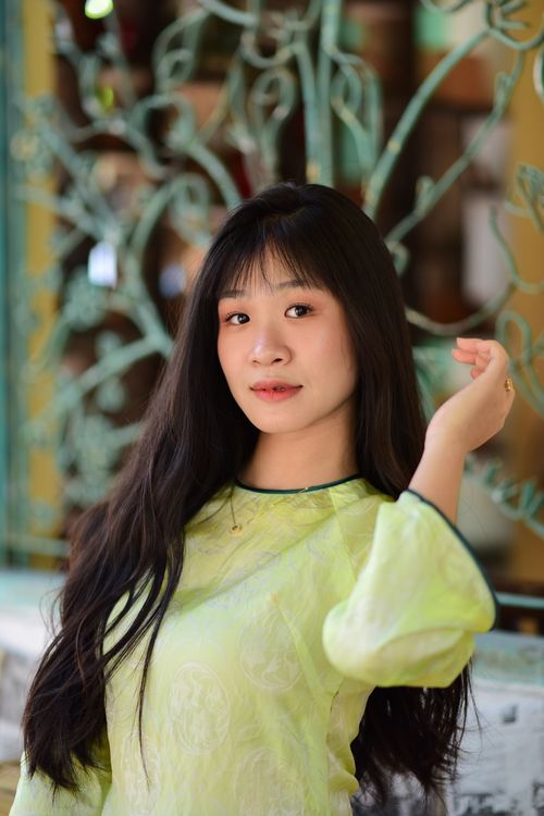 Free Elegant portrait of a woman in a light green traditional outfit with intricate ironwork background. Stock Photo