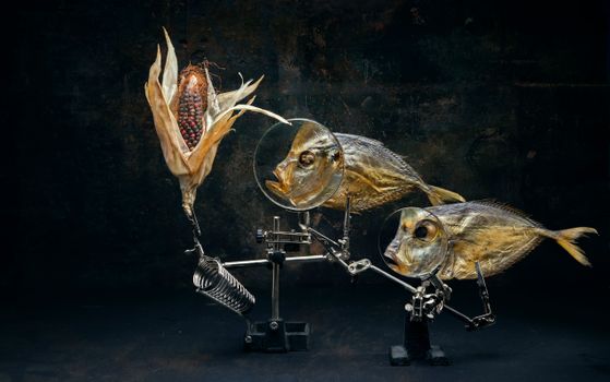 Creative art installation with fish and corn in a mechanical setup.
