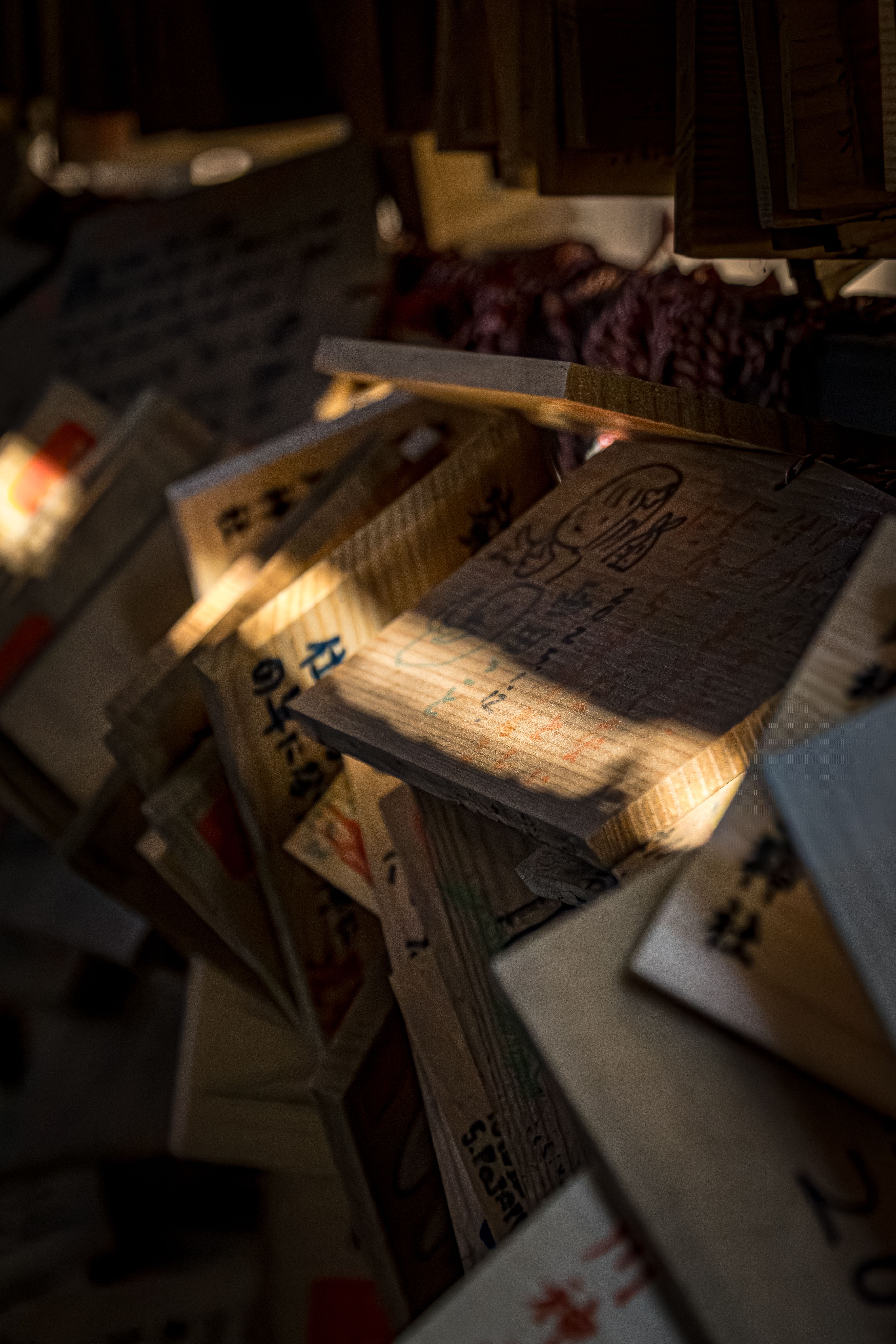 Wooden ema boards with Japanese inscriptions at Kawagoe shri