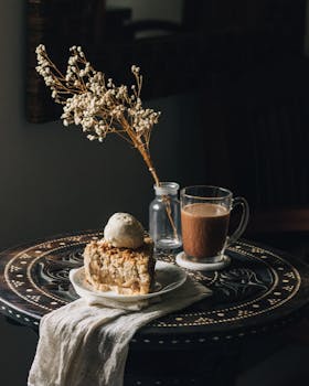 Warm apple crumble with ice cream served with a hot cup of coffee on a decorative table.
