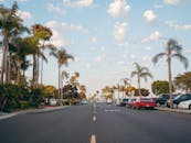 圣地亚哥棕榈成荫的街道上，风景宜人，汽车停放在晴朗的天空下