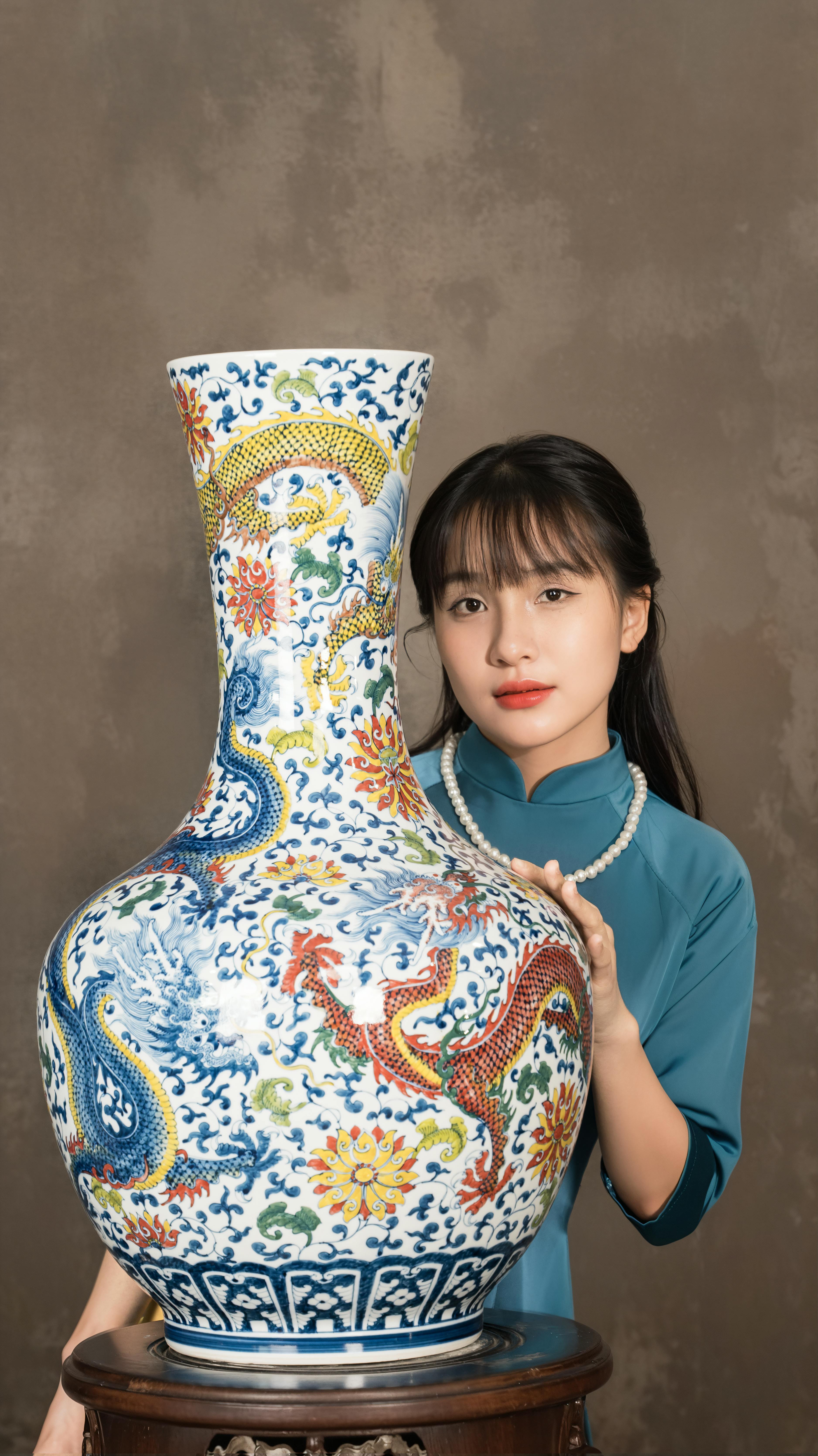 Young woman in traditional attire posing with a beautifully decorated dragon vase.