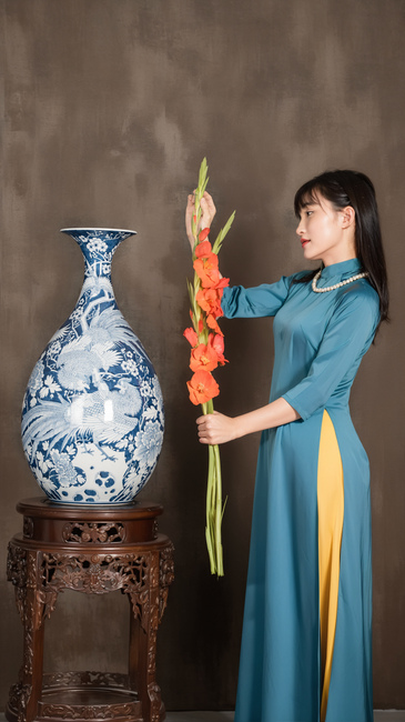Woman in traditional dress arranging flowers beside a large blue-white vase on ornate stand.