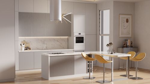 Free Explore this sleek minimalist kitchen design featuring a marble island and elegant interiors. Stock Photo