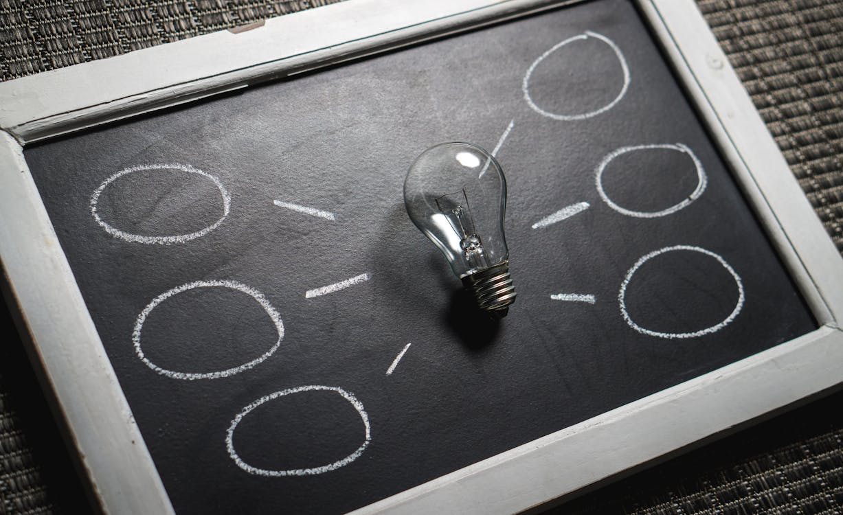 a small chalkboard on the ground with a lightbulb lying in the centre and idea circles drawn in chalk surrounding it