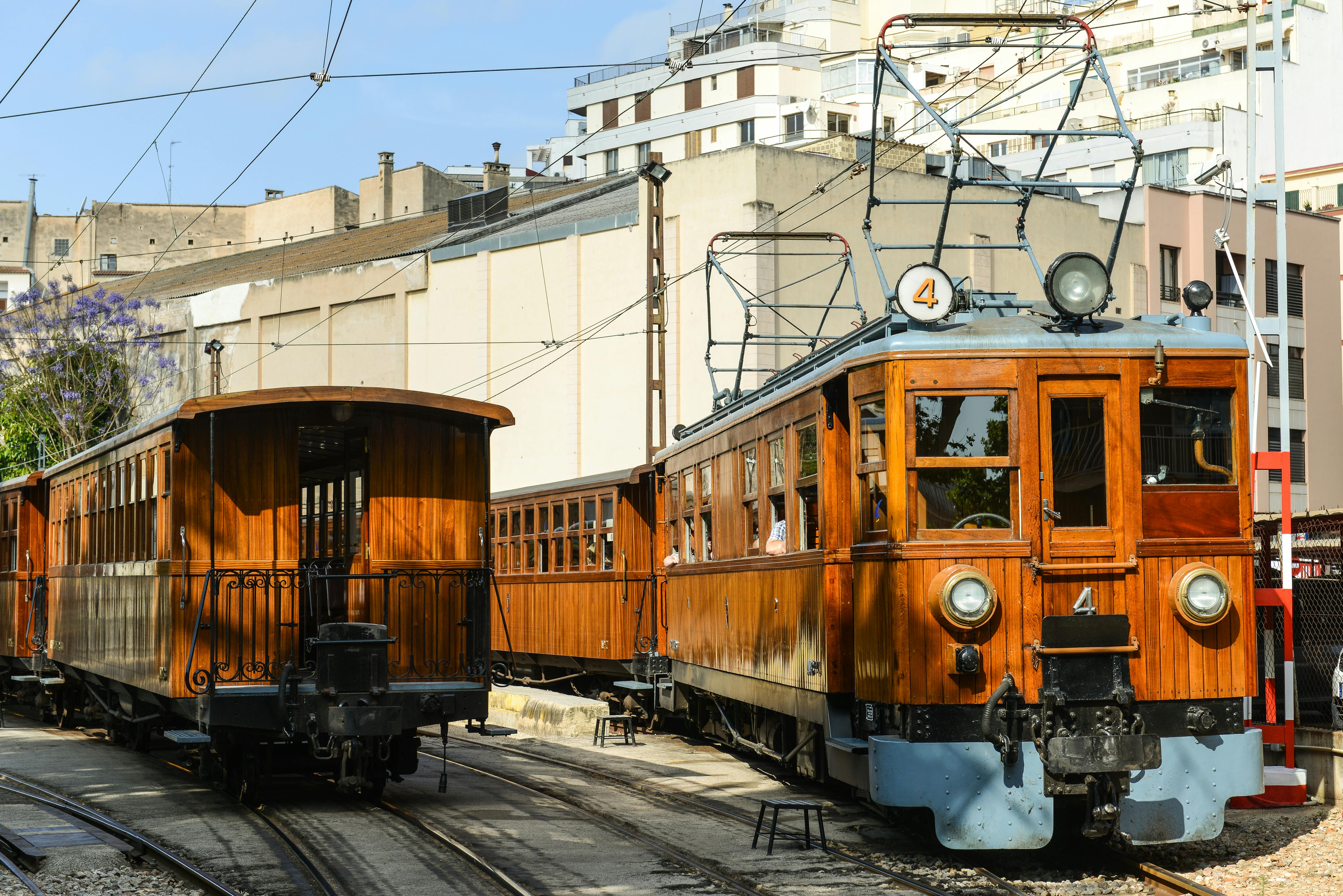 Wooden tram in Palma, Mallorca captures charm of historic transport.