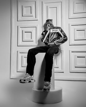 Monochrome fashion portrait of a stylish man posing in a modern interior setting.