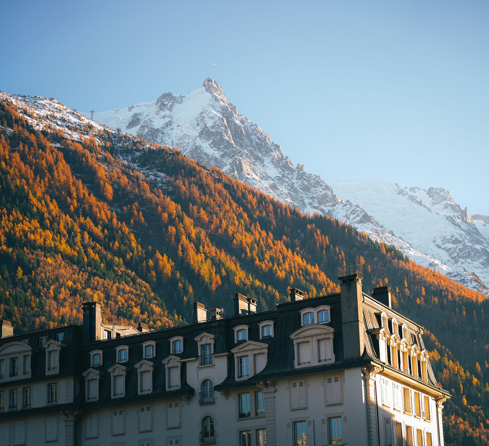 Scenic view of Chamonix-Mont-Blanc with stunning autumn colors and architecture.