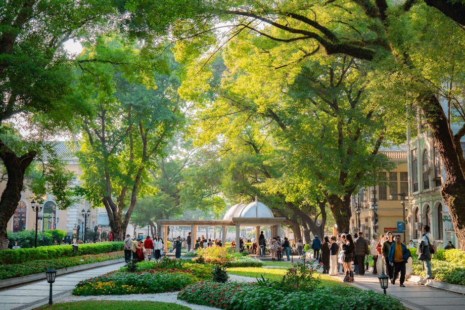 Lively city park scene with people enjoying a sunny day among lush trees and flowers.