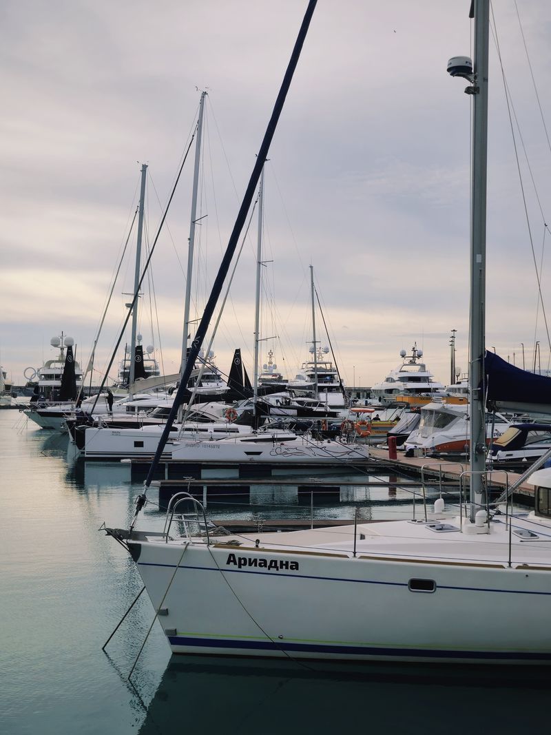 Yachts and sailboats moored at a marina under overcast Pacific Northwest skies