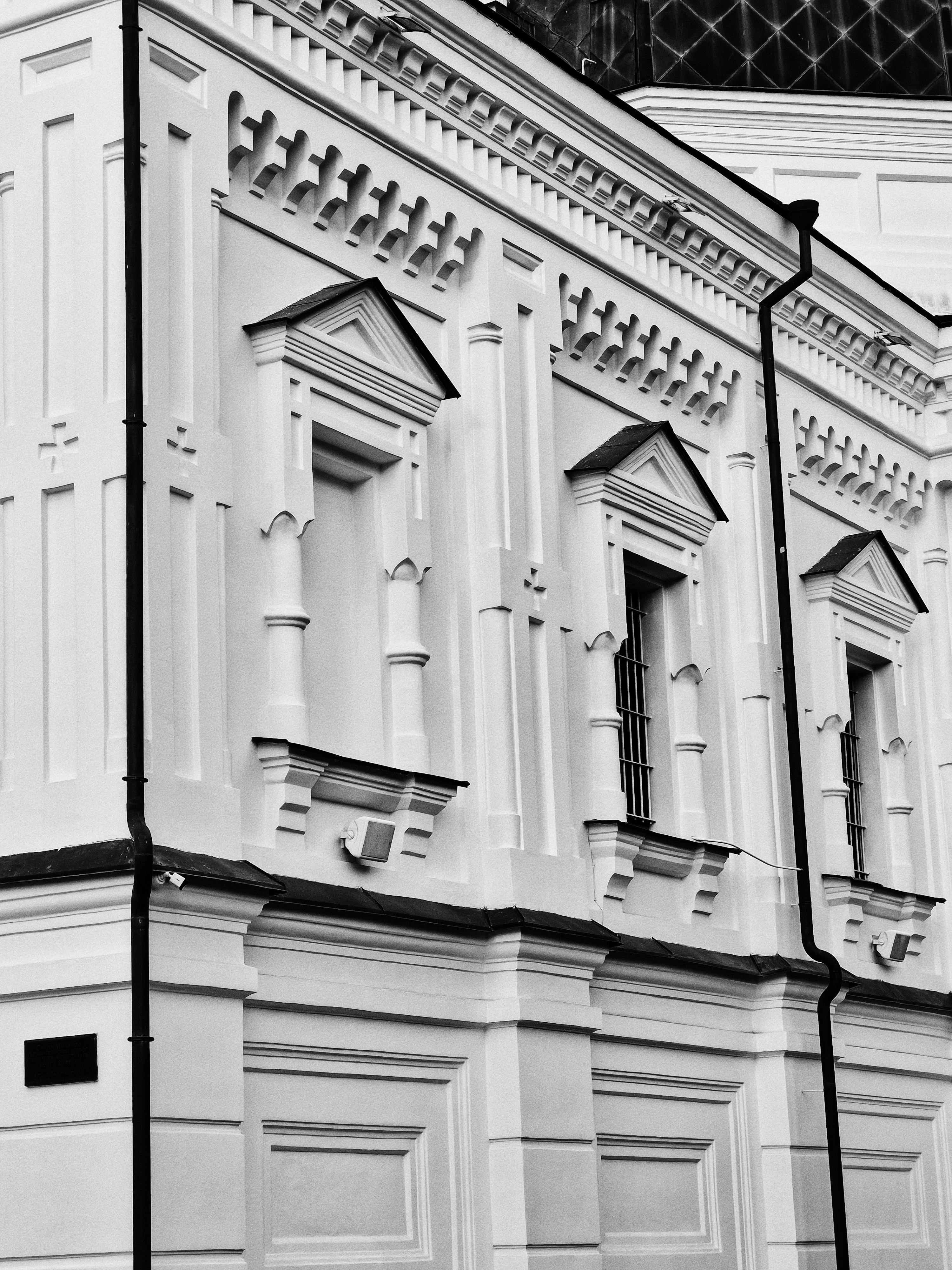 Kostenlos Schwarzweißes Foto einer detaillierten Architekturfassade mit klassischen Gestaltungselementen. Stock-Foto