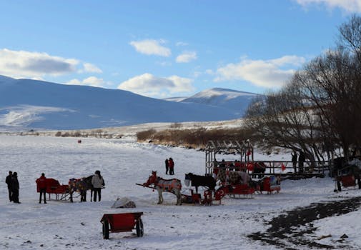 Pittoresca scena invernale con slitte trainate da cavalli sui campi innevati in Turchia.