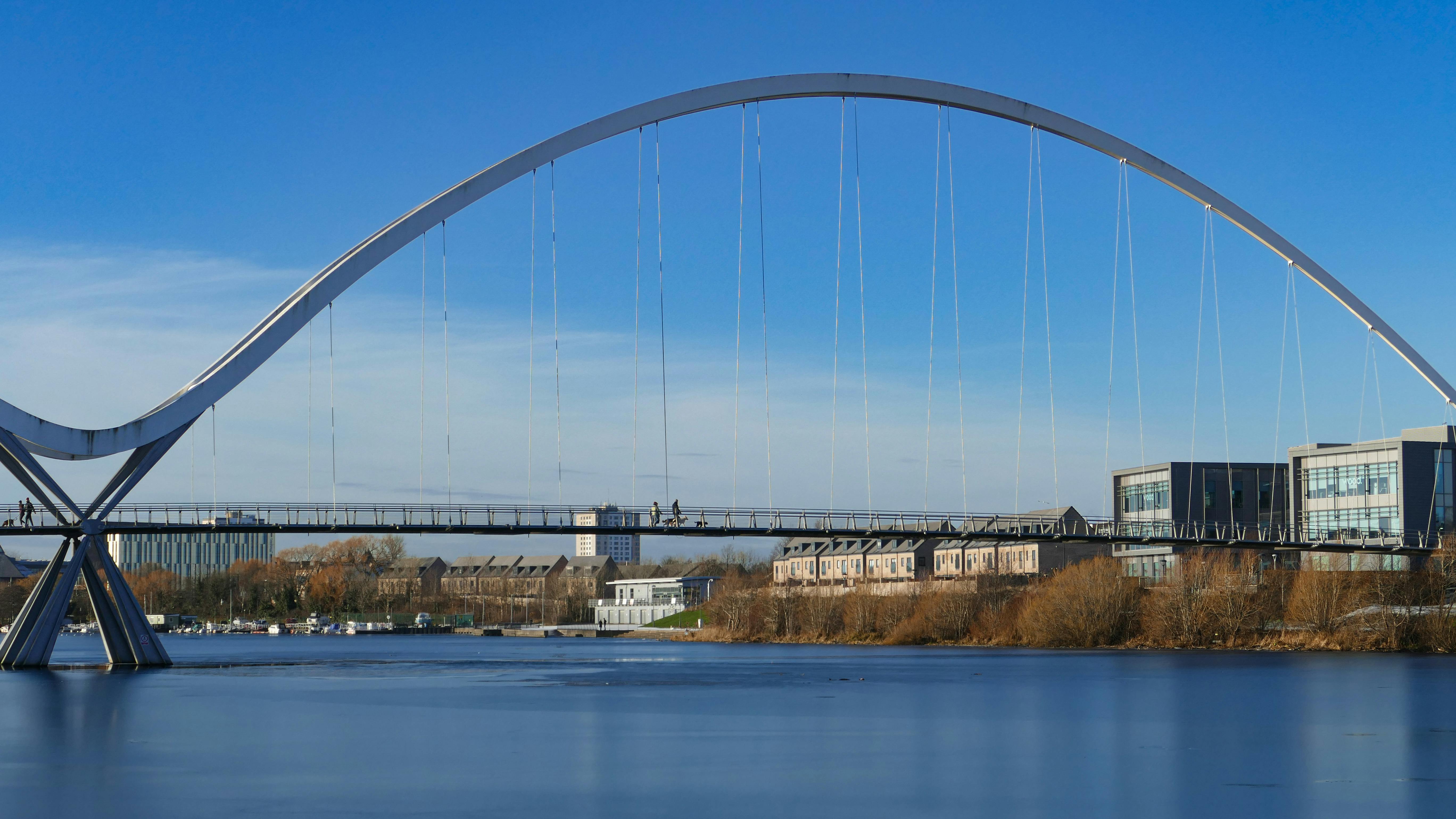 Scenic view of Infinity Bridge spanning the River Tees in Stockton-on-Tees, England.