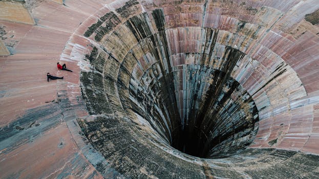 Due persone esplorano dall'alto il bordo di un'enorme e colorata struttura artificiale.