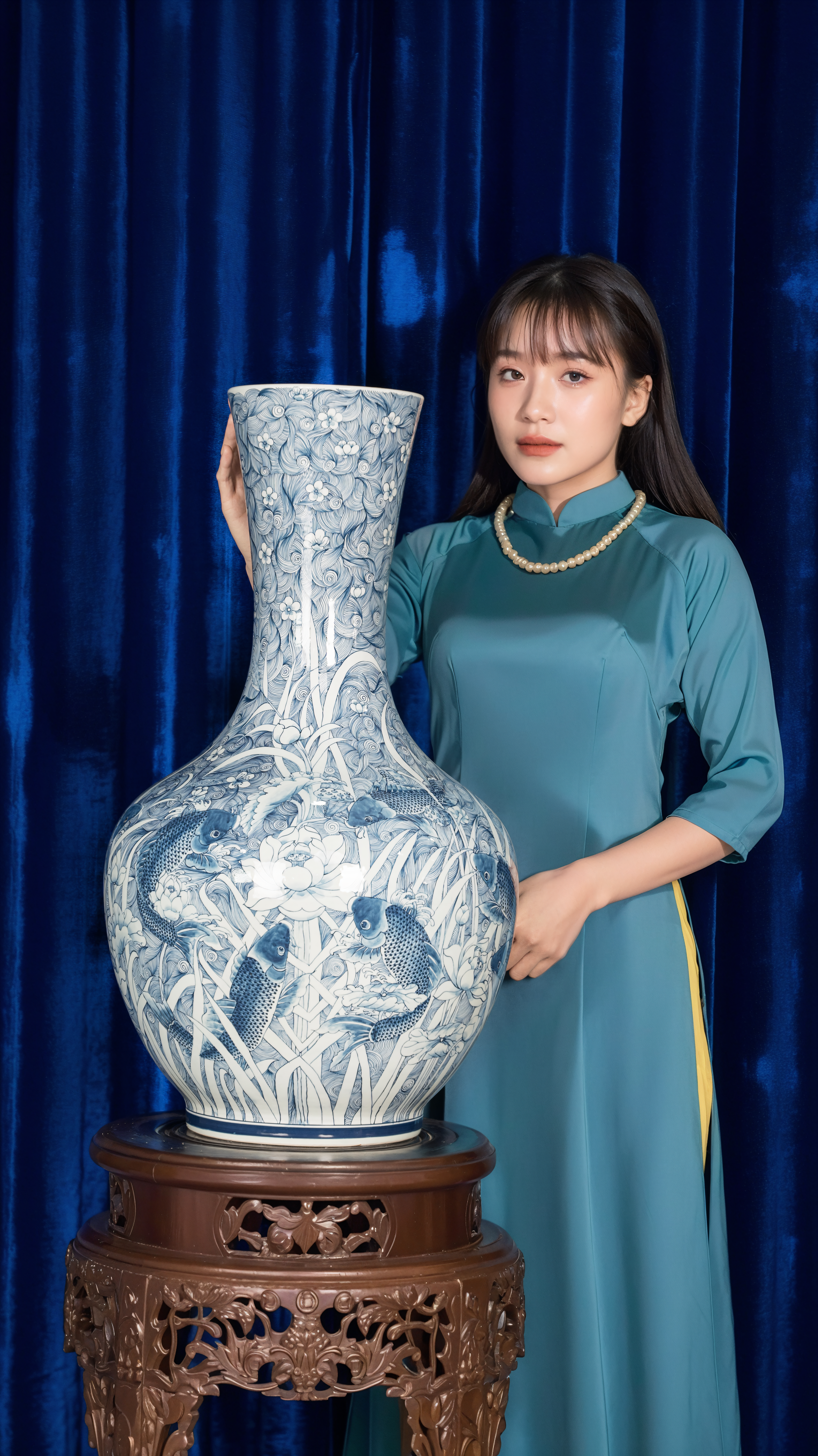 Elegant blue and white ceramic vase displayed indoors with a woman in a traditional dress.