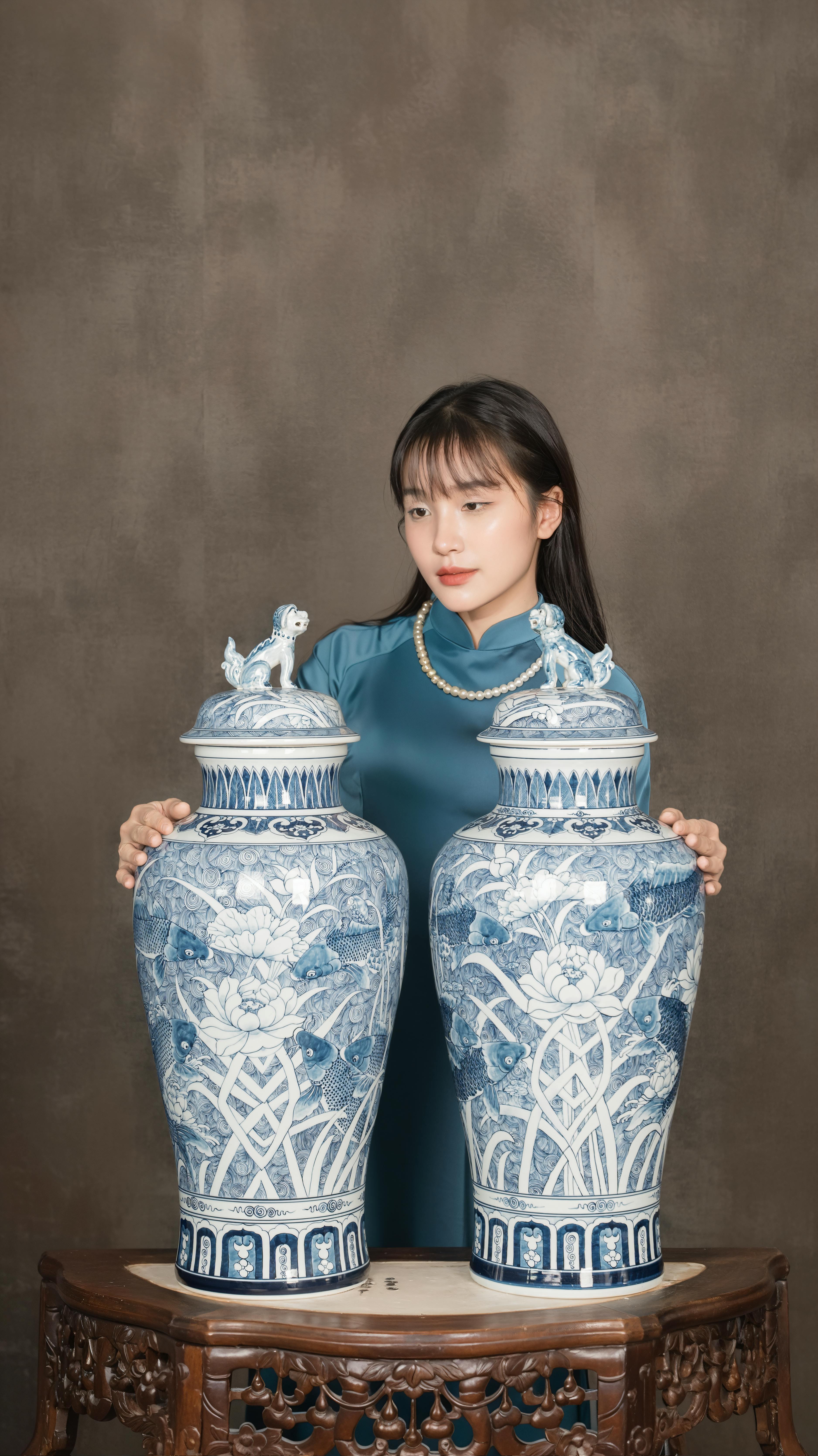 A woman in an elegant setting with traditional blue and white porcelain vases on a carved wooden table.