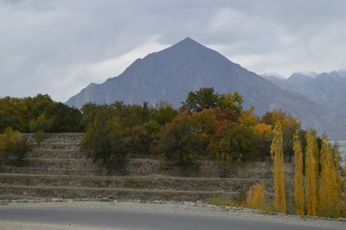 Free Beautiful autumn landscape featuring a majestic mountain and vibrant foliage. Stock Photo