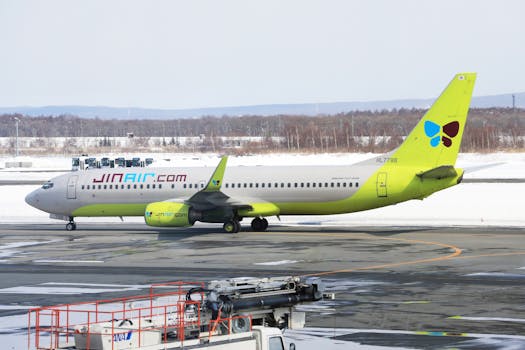 Jin Air Boeing 737 parked on a snowy airport runway during winter.