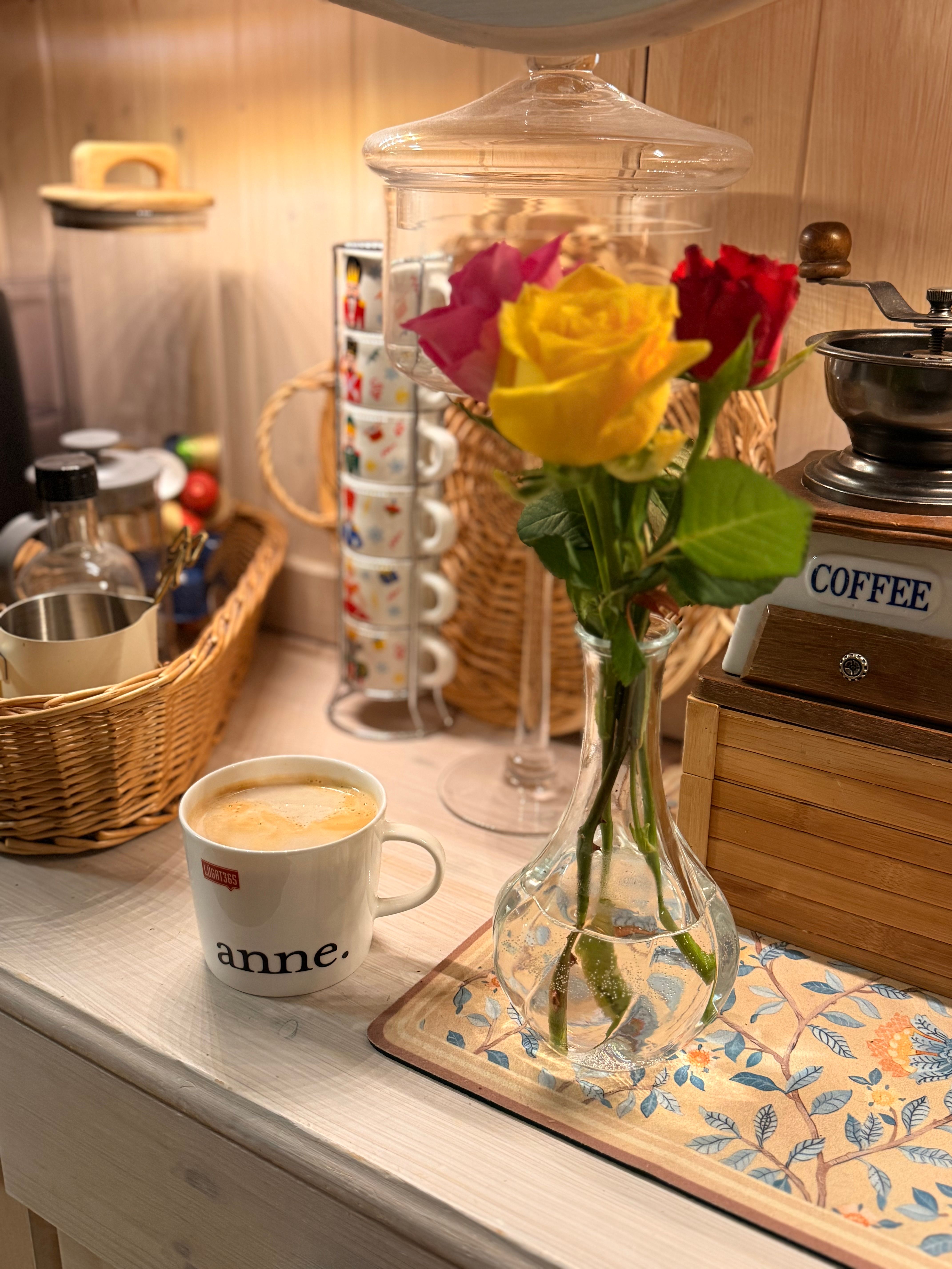 low-pile neutral accent rug under a small kitchen coffee bar with a drip machine