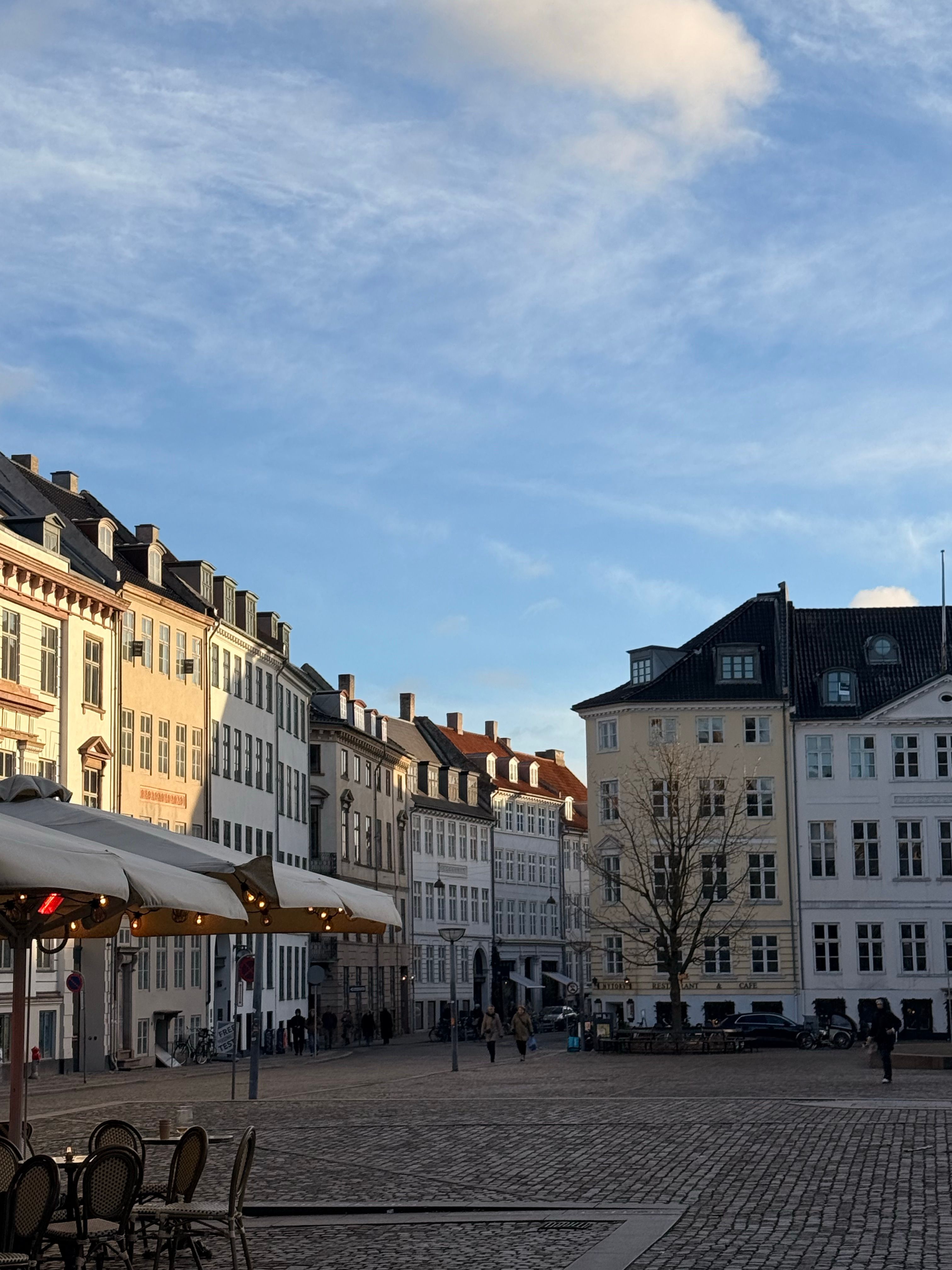 Charming Copenhagen square with historic Nordic architecture under a clear blue sky.