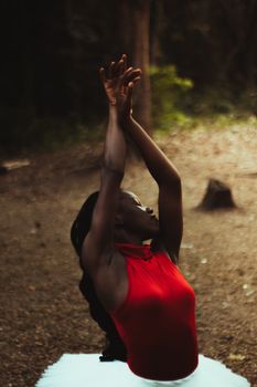 A ballerina in a red outfit dances gracefully in a serene forest setting.