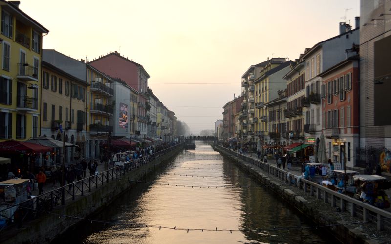 Navigli canal Milan evening aperitivo lights