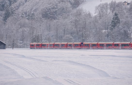 A red train passes through a picturesque snowy countryside with snow-covered trees and fields.